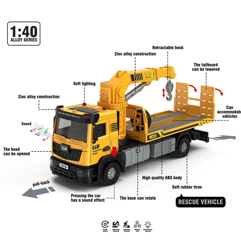 Voiture de sauvetage en alliage et plastique moulé sous pression 1:40, modèle d'ingénierie, son et lumière, Collection de véhicules de jeu, jouets cadeaux pour enfants