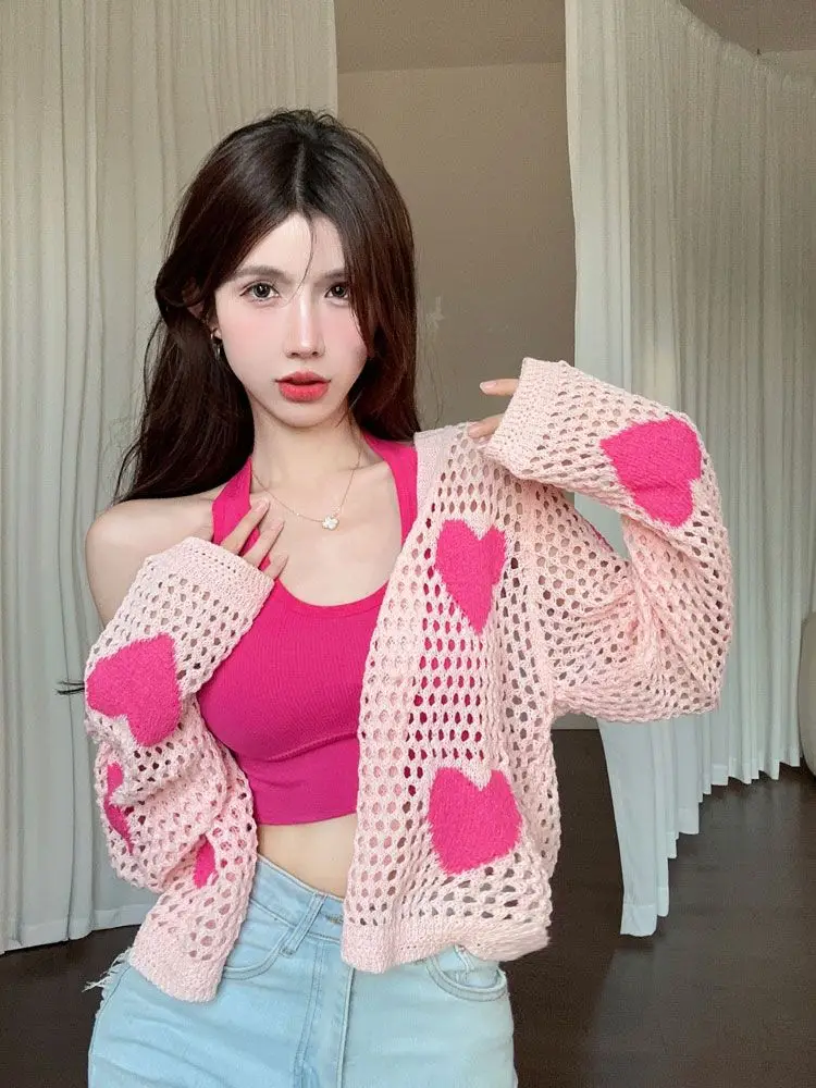 Kawaii y2k Summer Love-pattern Cardigan Women Hotsweet Crops Korean Fashion Hollow Out Sun-proof Sweet Style Holiday Soft Knit