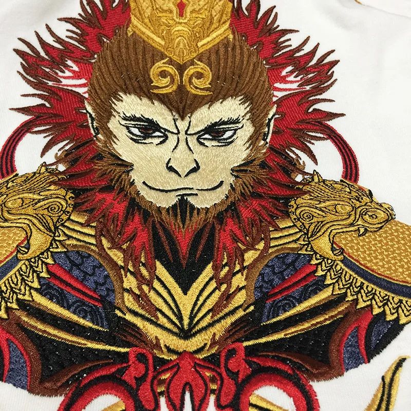 Lyprerazy Men\'s Summer Chinese Style Monkey King Sun Wukong Embroidered Short-sleeved Shirt National Tide Cotton T-shirt