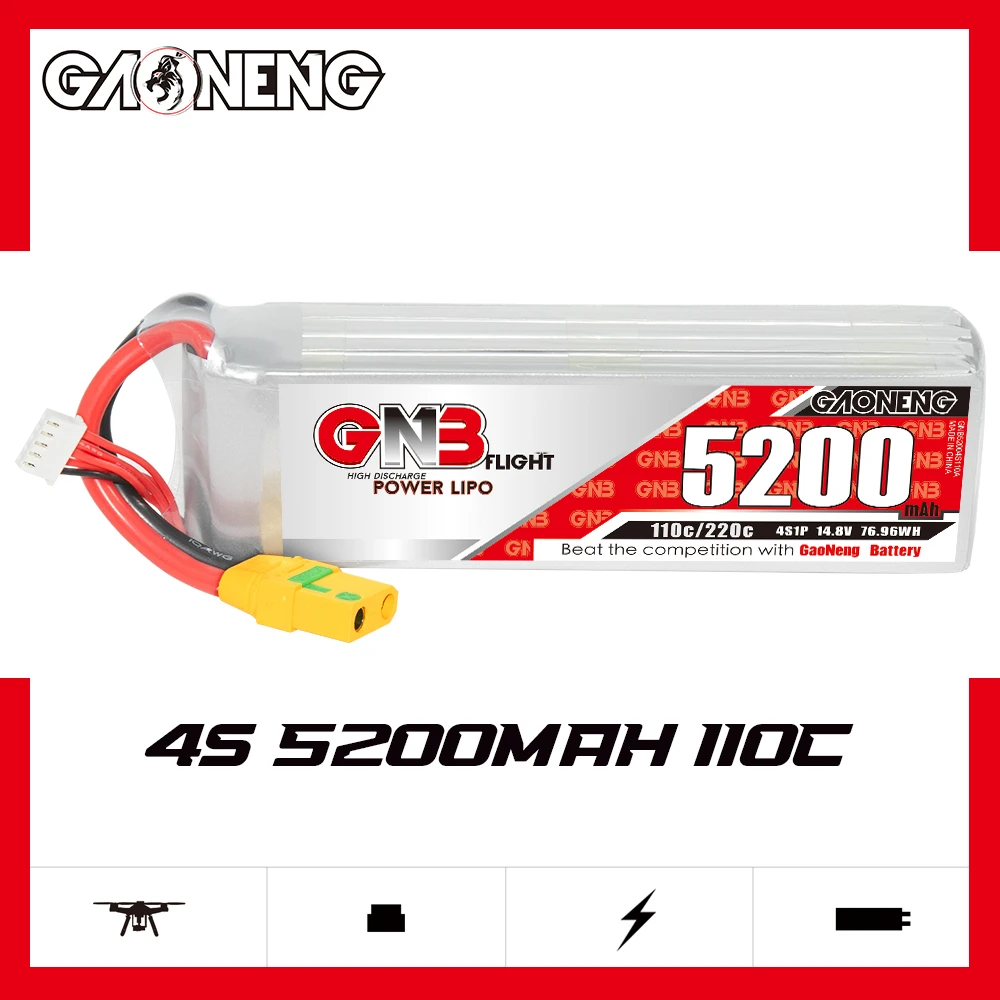 

GAONENG GNB 5200mah 4S 14.8V 110C 220C XT90 Anti Spark RC LiPo Battery for Car Boat Drone RC Hobbies