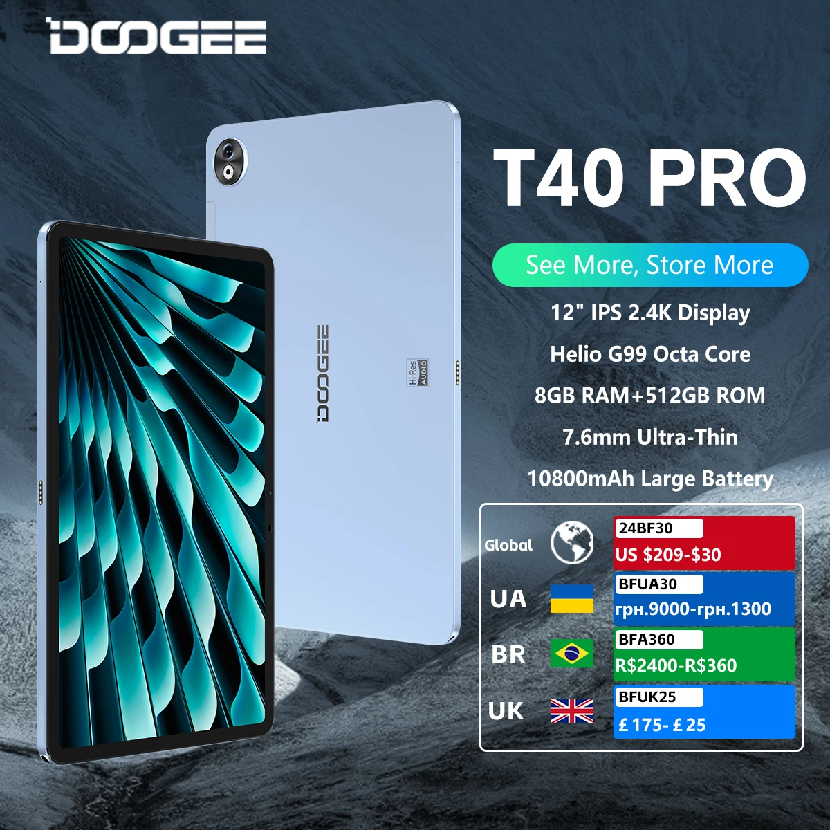 DOOGEE T40 Pro 2 في 1 كمبيوتر لوحي Android 14 12 بوصة IPS 2.4K 20GB(8+12) 512GB Helio G99 6nm 10800mAh 7.6mm رفيع للغاية