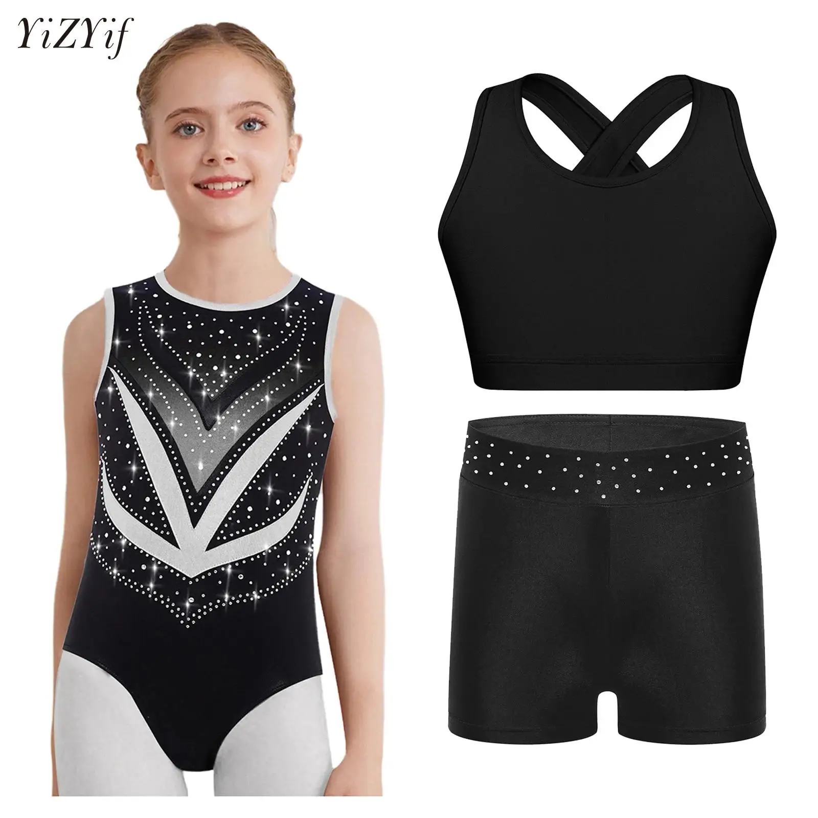 

Ballet Dance Outfits for Big Girls Gymnastics Leotards Jumpsuit+Vest+Shorts Dancewear Sets for Teen Workout Sports Yoga Unitard