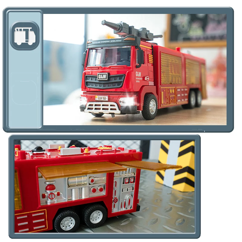 1:40 Fire Fighting Water Spray Truck Model Ladder Vehicle Kids Toys Alloy+Plastic Car Sound Light Pull Back Collection Boys Gift