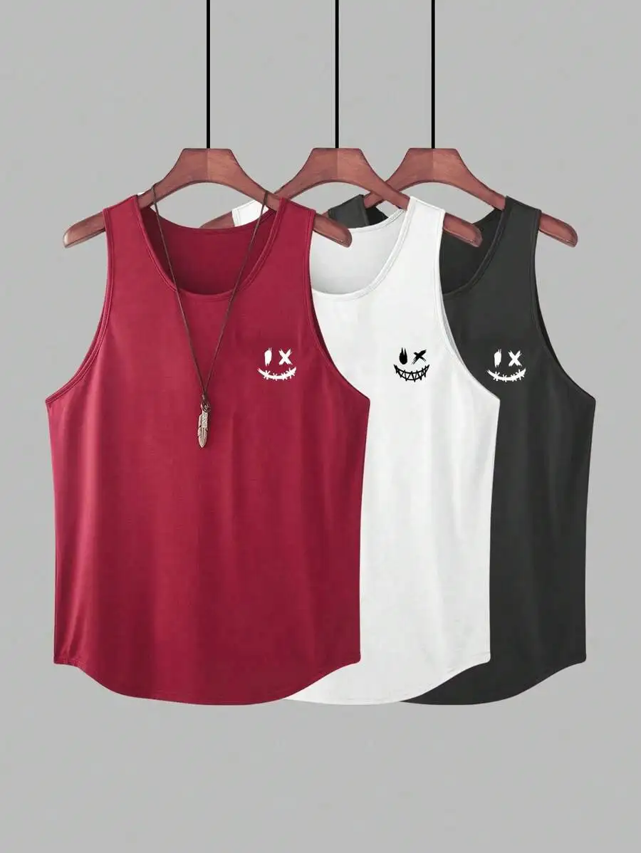 

3-Pack Men's Graphic Tank Tops with Curved Hem in Red, White, Black