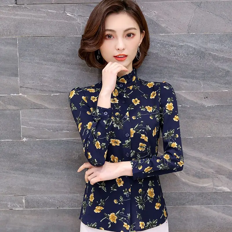 Vintage Printed Stand Collar Ruffled Floral Shirts Women\'s Clothing 2023 Autumn Winter New Loose Casual Tops Office Lady Blouses