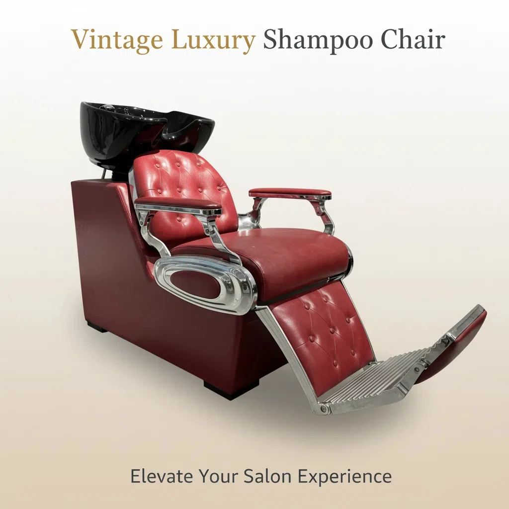 Keyunshi Red & Chrome Vintage Luxury Shampoo Chair, Quilted Leather Seat with Black Basin for Hair Salon Hair Washing Experience