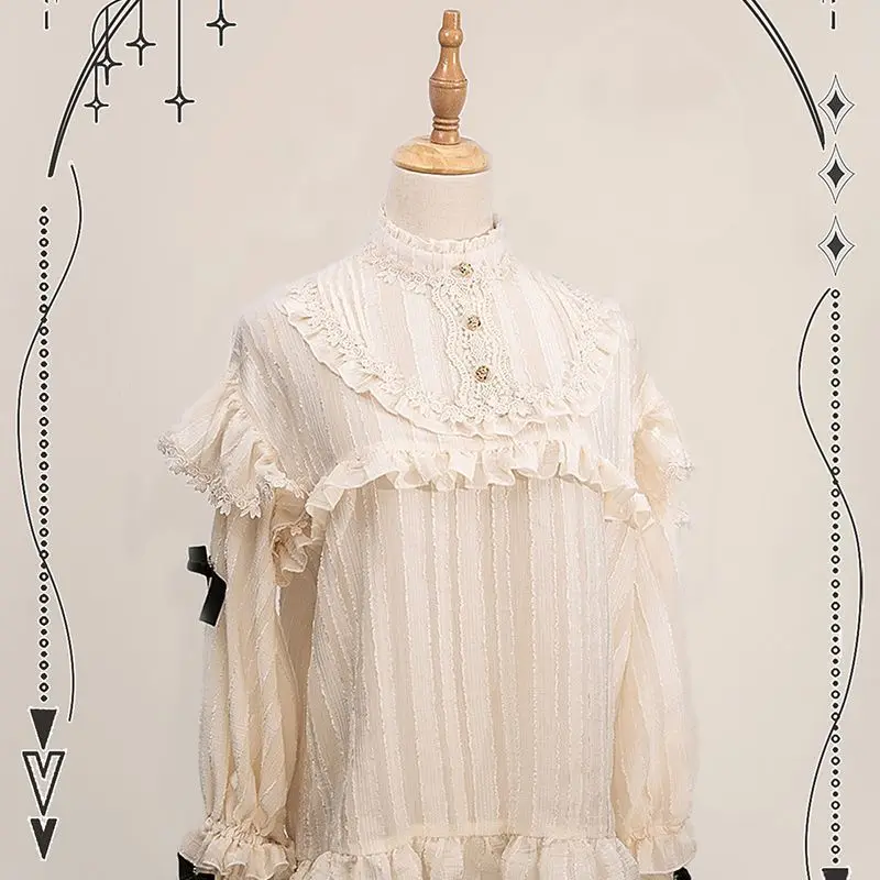 Kimotimo Lolita Sweet Lace Ruffle Long Sleeve Shirt Women Japanese Y2k Stand Collar Loose Texture Tops Autumn Kawaii Cute Blouse