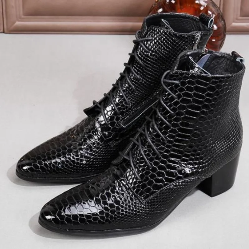 

Crocodile Pattern Shoes for Males Pointed Toes Chunky High Heels Mens Short Boots Crossover Strap Tacones Patent Leather Hommes