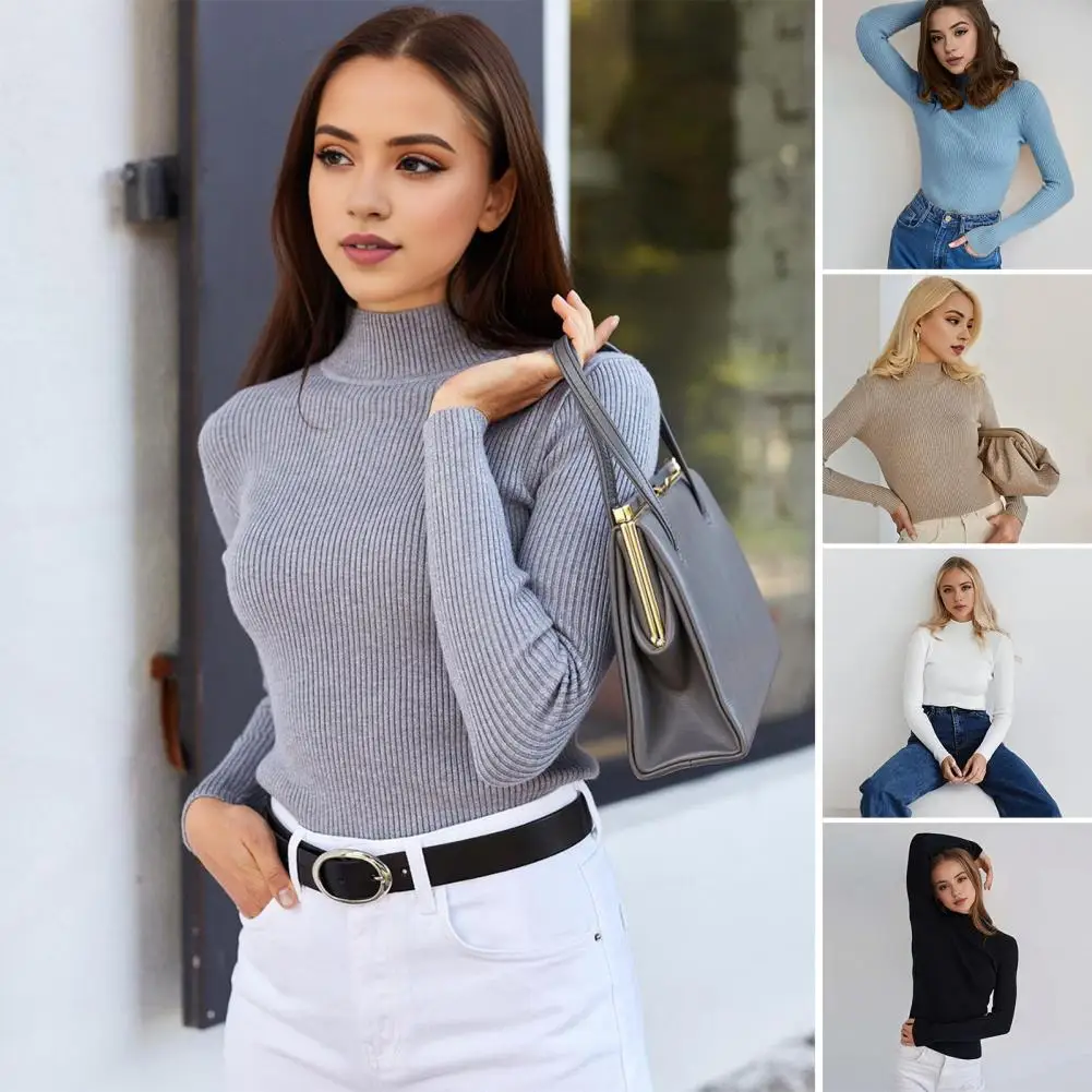 Comfortable Winter Knitwear Stylish Women's Ribbed Knit Bottoming Shirt with Half High Collar Long Sleeves Slim Fit for Winter