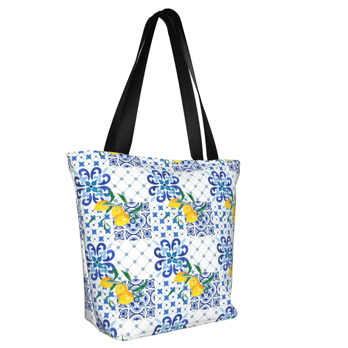 Custom Mediterranean Sicilian Tiles Lemons Citrus Groceries Shopping Bag Canvas Shopper Tote Shoulder Bag Big Capacity Handbag