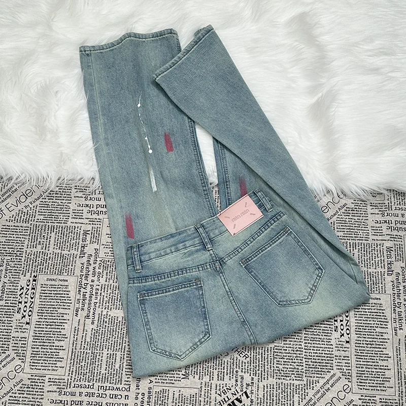 Splashed Ink Design y2k Jeans Sweet Fresh Jeans Women High Waisted Straight Leg Loose Narrow Wide Leg Pants 2024 Trousers