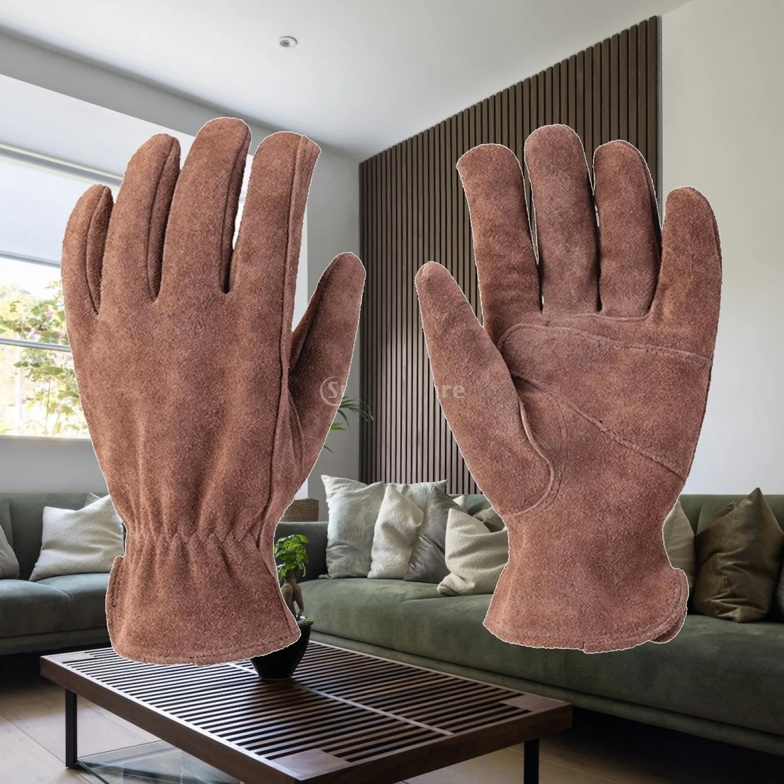 Cowhide Split Leather Work Gloves for Men Elastic Wrist Full Finger Safety Gloves for Construction Driving Duty