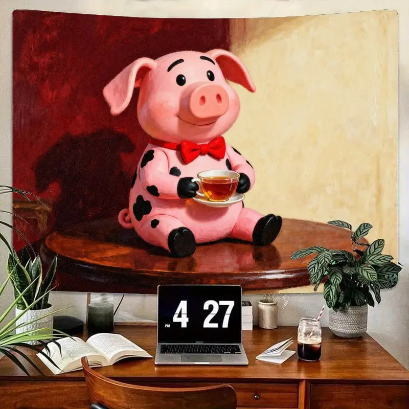 

1PC Cute Pink Spotted Pig Tea Tapestry. Kawaii Animal Wall Art, Aesthetic Room Decor, Funny Gift for Pig Lovers