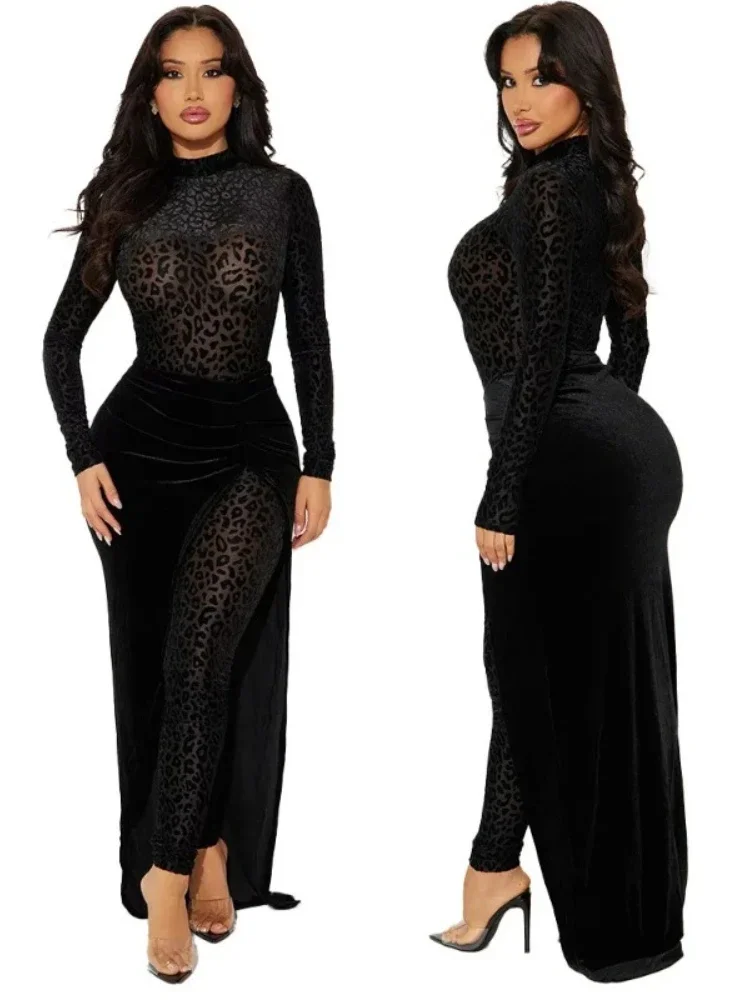 

Женский бархатный комбинезон с леопардовым принтом и длинной юбкой, весенняя уличная одежда 2025 года, сексуальный вечерний наряд из 2 предметов