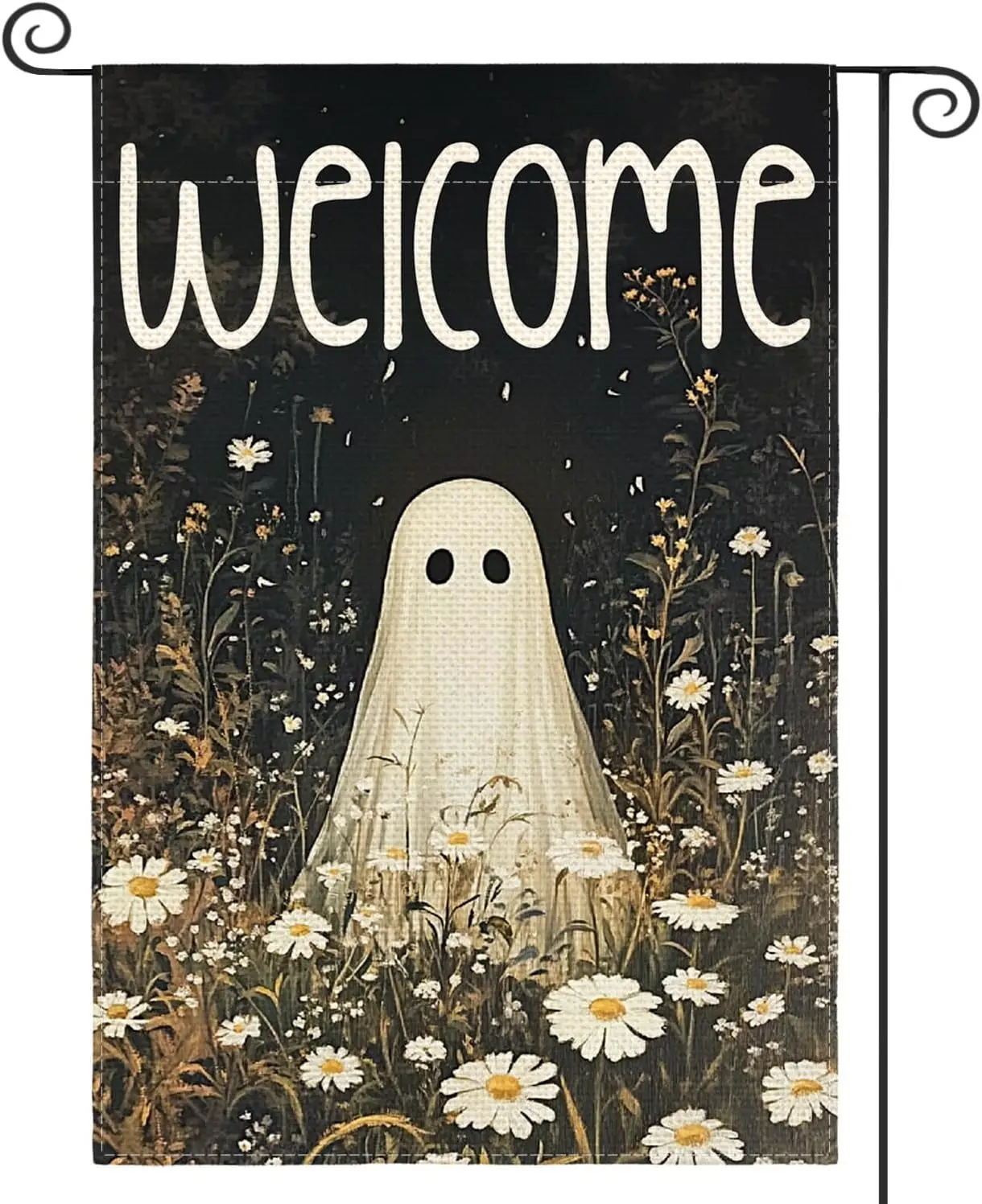 AVOIN colorlife Halloween Garden Flag 12x18 Inch Double Sided Outside, Ghost Daisy Floral Welcome Yard Outdoor Flag KZA