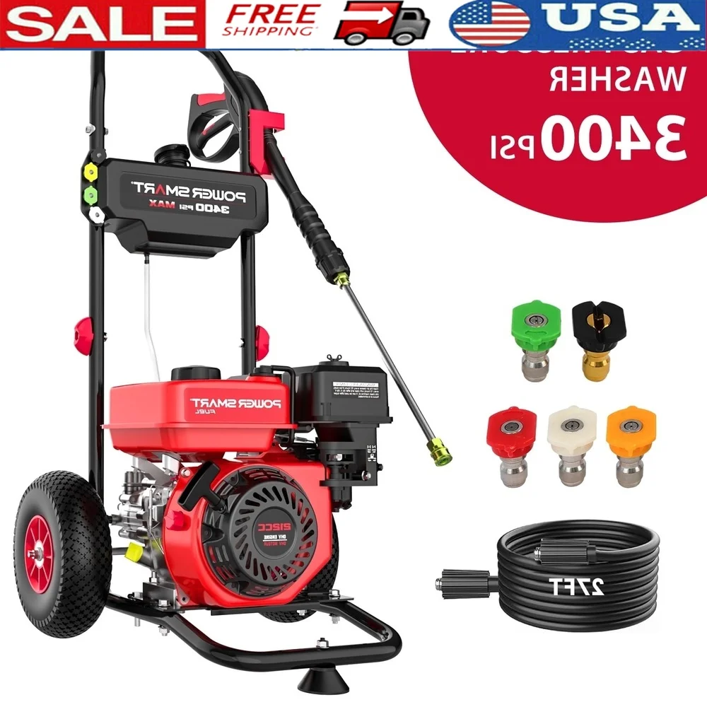 

3400PSI Gas Pressure Washer 212cc Engine Efficient Cleaning of Walls Vehicles Patios Gardens with 27FT Hose