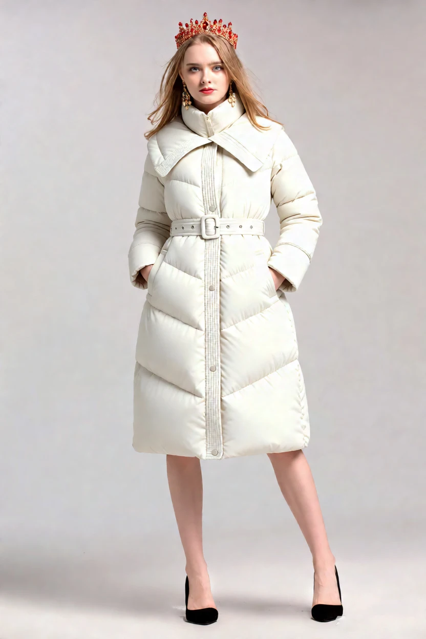 Manteau bouffant Long à ceinture pour femme, veste matelassée en duvet de canard blanc crème, Parka d'hiver chaude avec col, vêtements d'extérieur détaillés