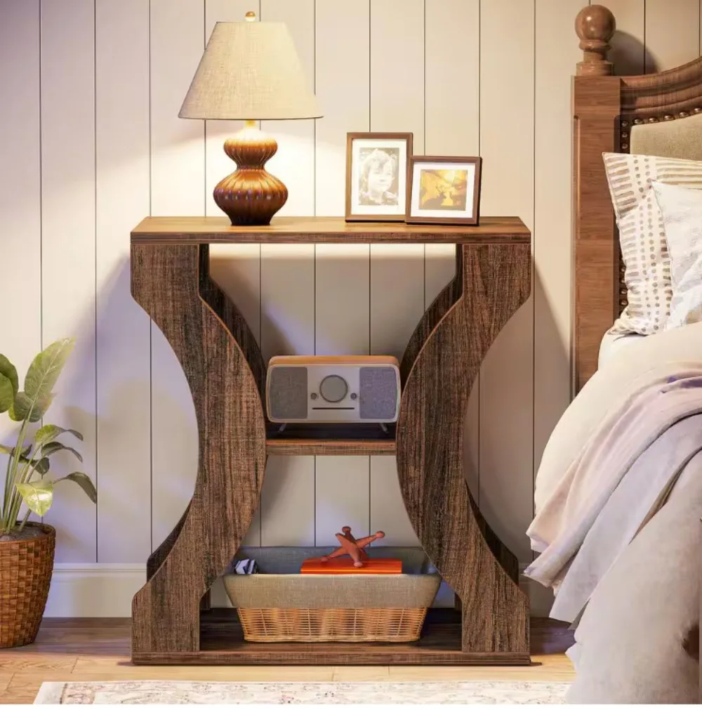 

24 in. Rustic Brown Rectangle Engineered Wood End Table with Storage Shelves,Accent Table for Living Room,Bedroom
