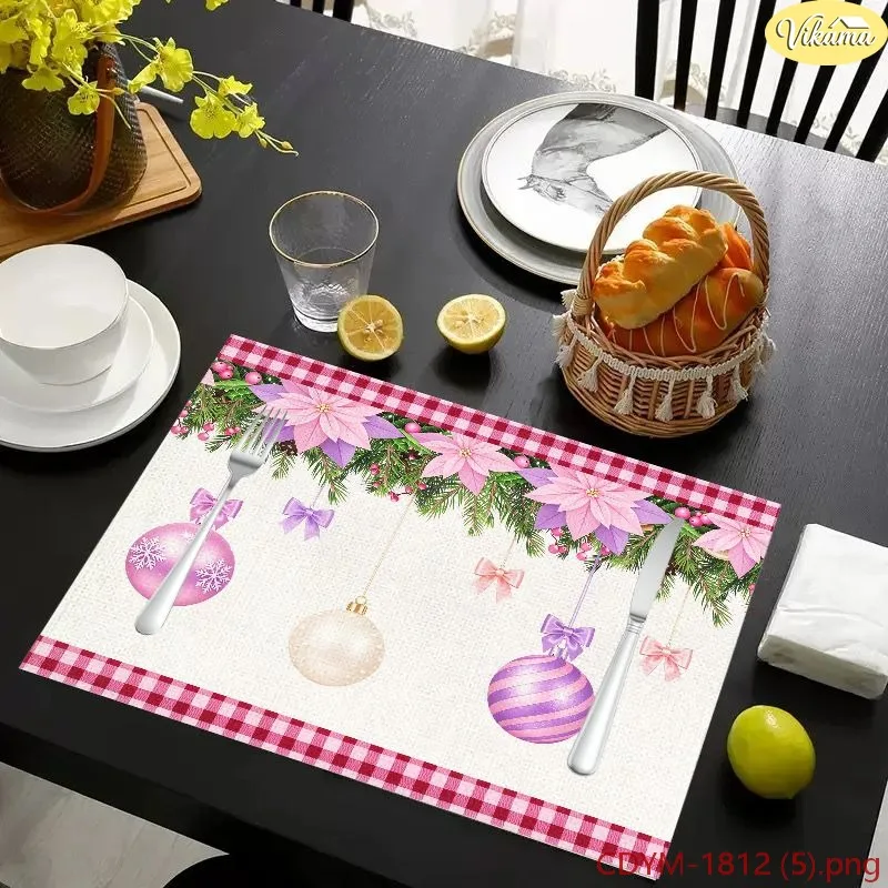 VIKAMA Christmas Placemats Pink Poinsettia Garland Bauble Ornament Red Gingham Washable Dining Mat Winter Holiday Decor