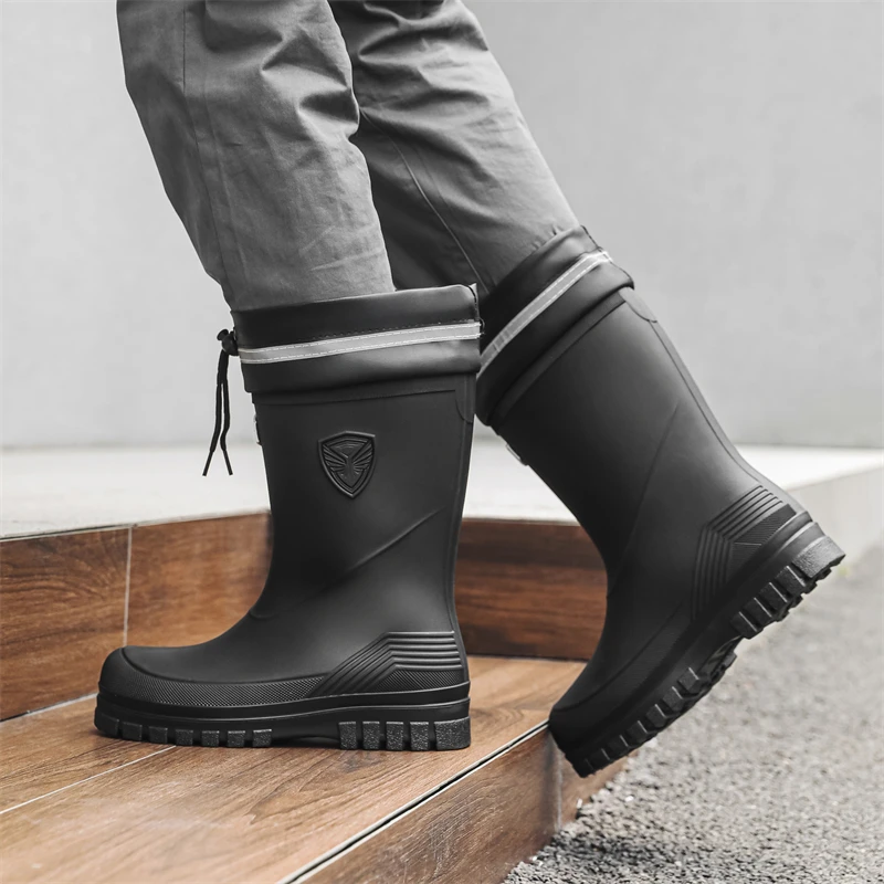 

Мужские резиновые сапоги до середины икры, водонепроницаемые нескользящие модные ботинки Fiing Seood Gathering Car Wa, резиновые ботинки без шнуровки