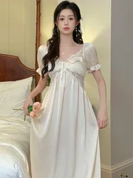 Femme French Vintage Princess Sleepwear Women Summer Short Sleeve Silk Pajama Nightdress Fairy Ruffles Lace Victorian Nightgowns