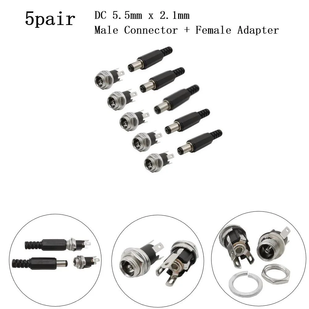 DC Power Connector Keep Your Devices Charged with 5 Pair Male Connector + Metal Female DC55 x 21mm DC Terminal Adapter Set