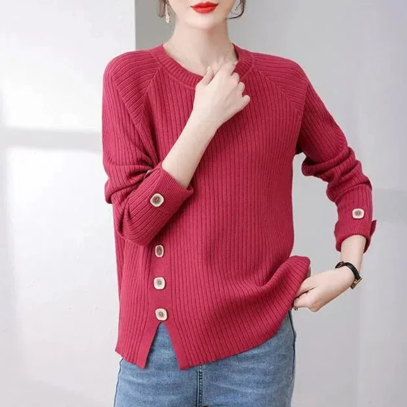 Korean Autumn/Winter Sweaters Women\'s O-Neck Solid Button Split Simplicity Versatile Loose Long Sleeve Pullovers Knitted Tops