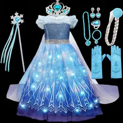 Disney Light up Fancy Elsa Costume 2024 Birthday Party Clothing Frozen Cosplay Snow Queen Dress with LED Kid Halloween Frock