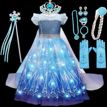 Disfraz de Elsa iluminado de Disney, ropa de fiesta de cumpleaños, Cosplay de Frozen, vestido de Reina de la nieve con LED, vestido de Halloween para niños 2024