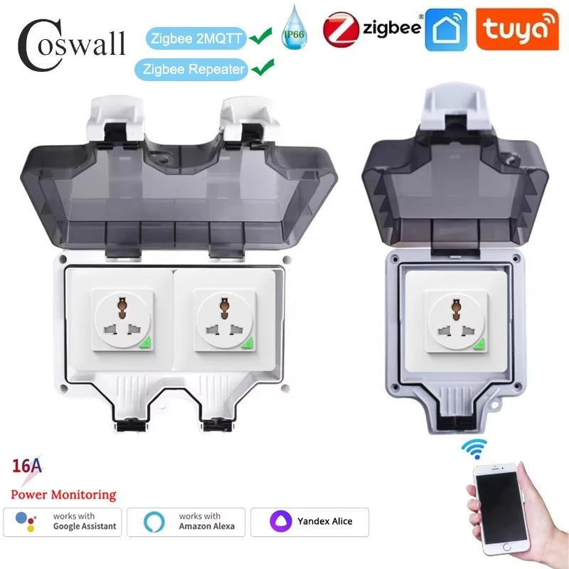 Coswall IP66 Waterproof Universal 3 Hole Socket Tuya WIFI/ Zigbee Timer Switch Programmable With Power Monitoring Function White