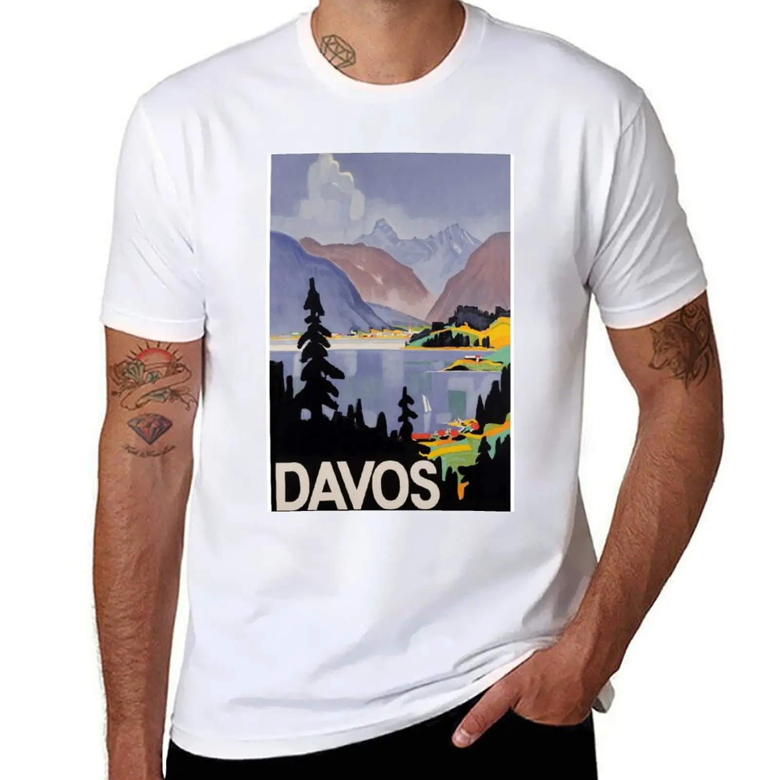 

Davos Switzerland Vintage Travel Poster T-Shirt man t shirts high quality luxury brand t shirts for man cotton funny T-Shirt