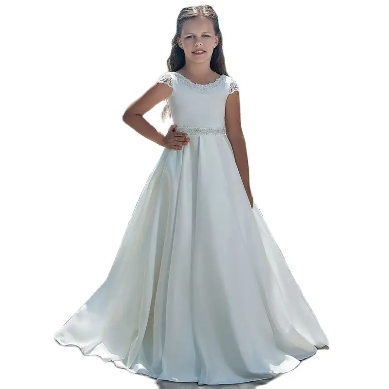 Vestidos de renda sem mangas para meninas, miçangas e flores, vestido elegante para casamento, comunhão sagrada