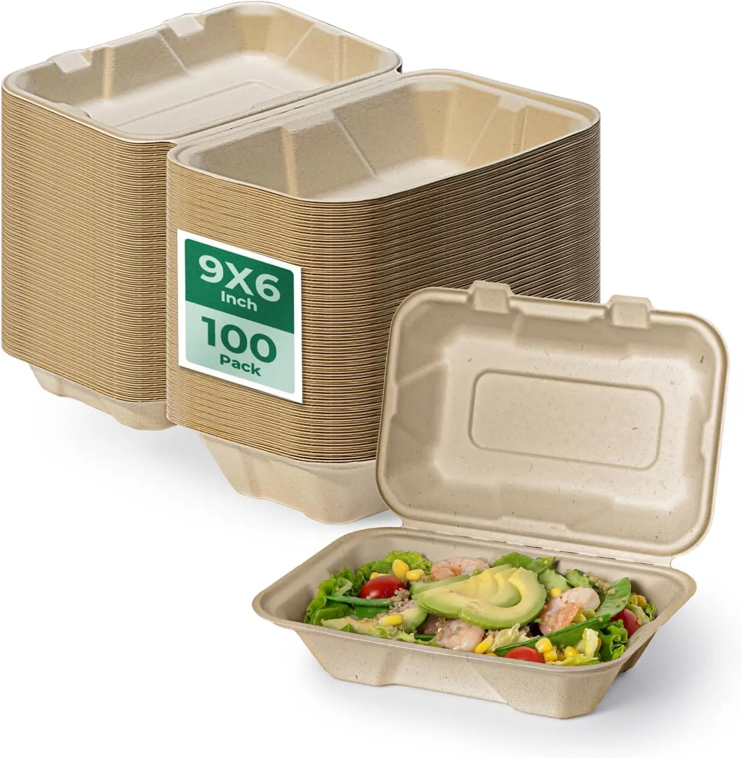 

100 Pack 9x6 Compostable To Go Food Containers, Disposable Take Out Boxes with Lids, Eco Friendly Biodegradable Bagasse
