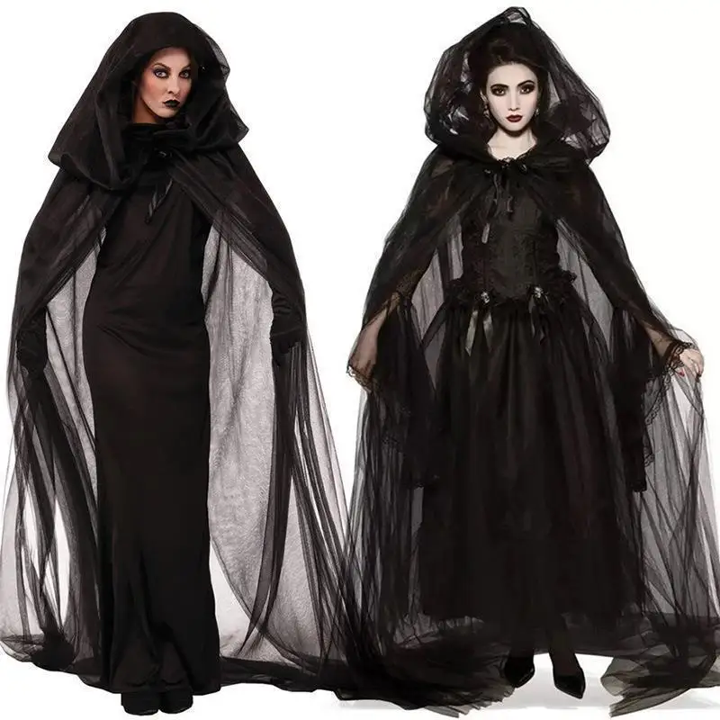 Creative Gift with Oversized Hood Halloween Hooded Cloak Lace-up Black Color Overcoats Vintage Cosplay Costume