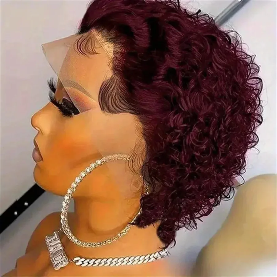 6inch deep 99j color 13x1 lace wig pixie wig 150% density remy hair for women pixie cut short curly human hair wigs