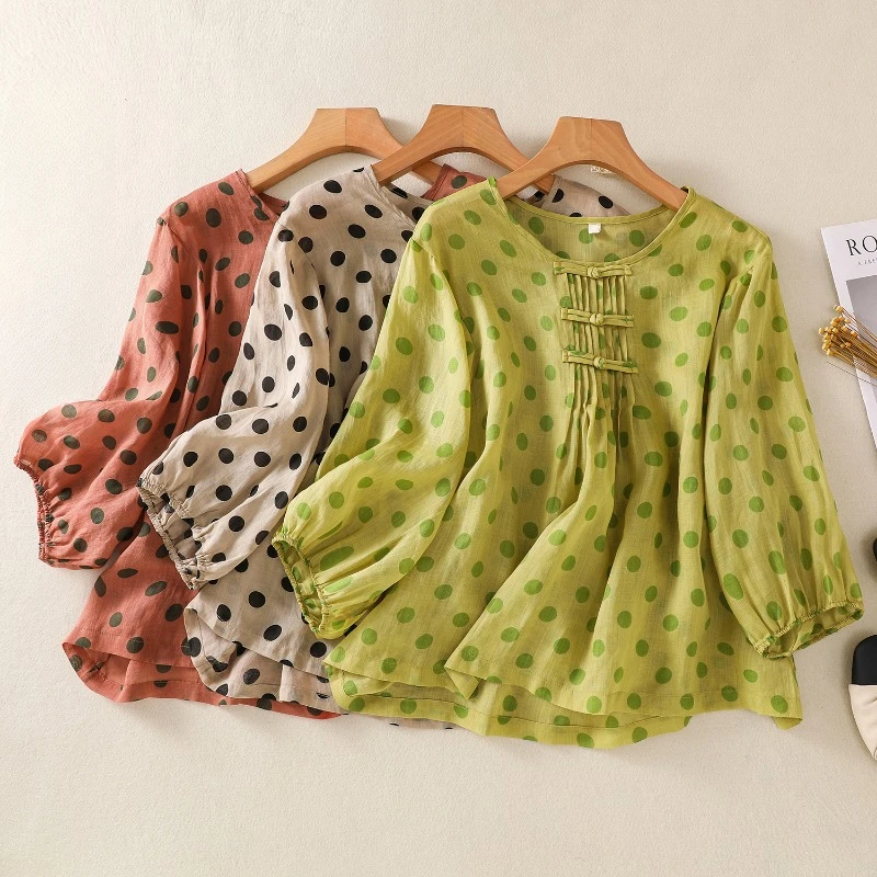 

Polka Dots Chinese Style Women Blouses Summer Cotton Hemp Tops Vintage Clothing Sales Loose Short Sleeve Korean Women's Shirts