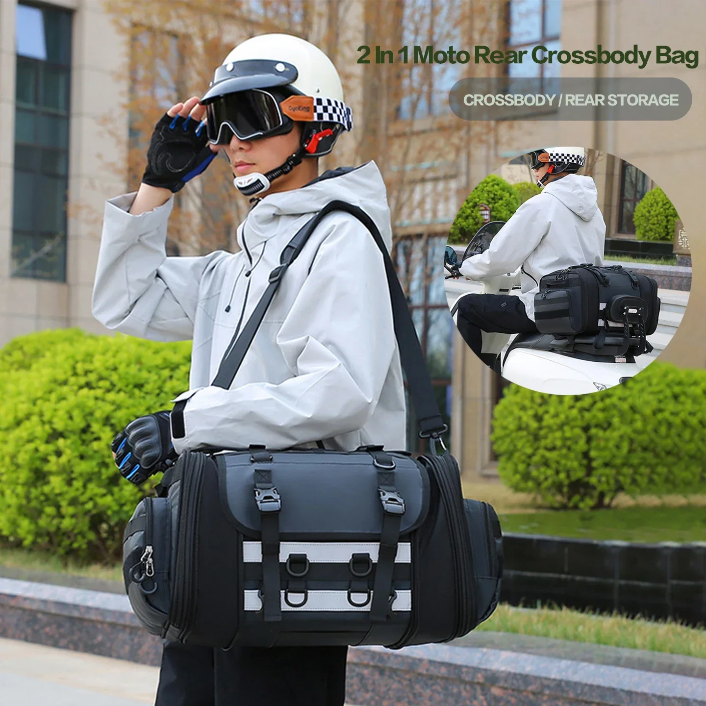 Multi-Purpose Expandable Large Capacity Motorcycle Tail Bag Hand Shoulder Carry Outdoor Riding Travel Pack Crossbody Bag Unisex