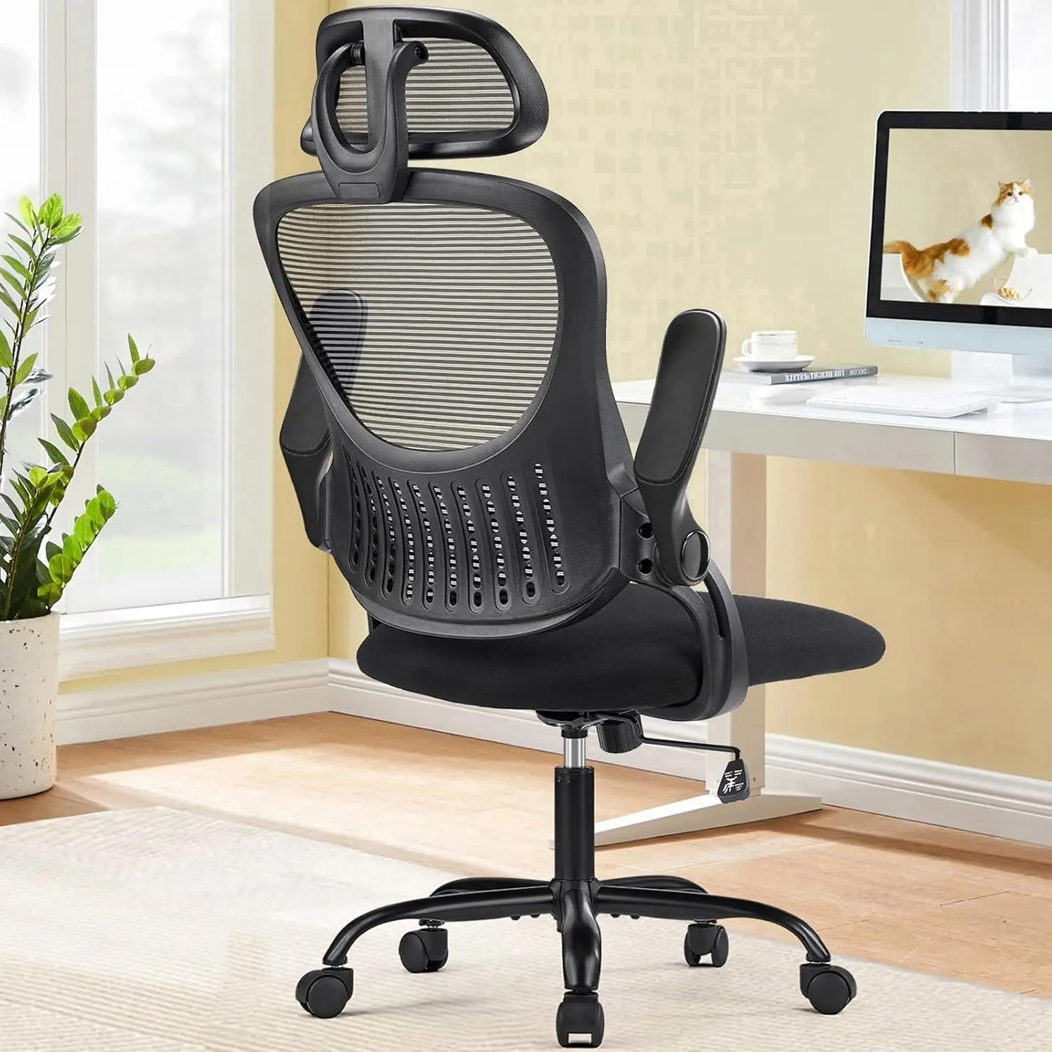 

Office Computer Desk Chair, Ergonomic High-Back Mesh Rolling Work Chairs with Wheels and Adjustable Headrests, Comfortable Lumba