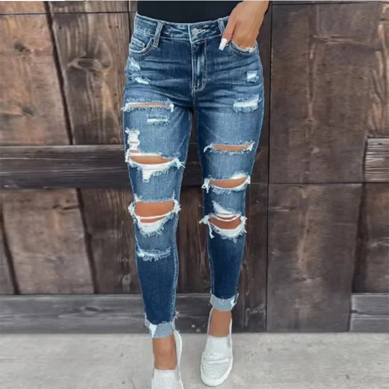 Women's Jeans Large Size Elastic Ripped Washed Slim Pants Small Feet Skinny Fashion Casual Jeans Women's S-XL