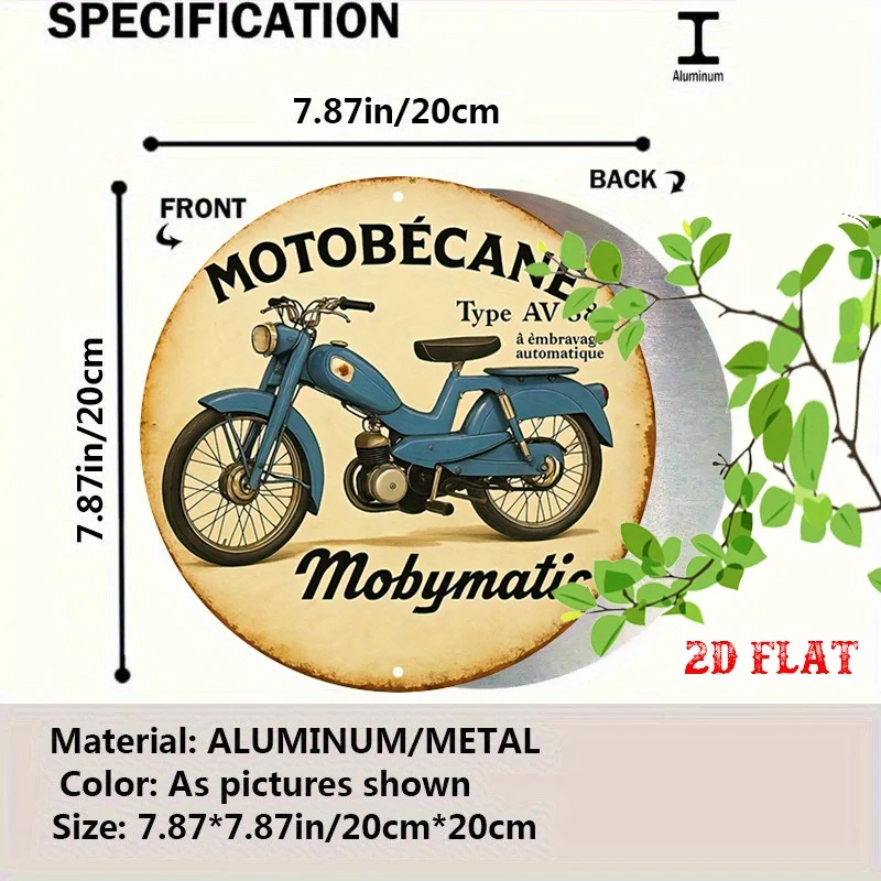 2D Flat 1-Piece Set Motobecane Round Aluminum Sign, Style Metal Tin Sign—Vintage Motorcycle Country Metal Wall Art, Classic Design 7.