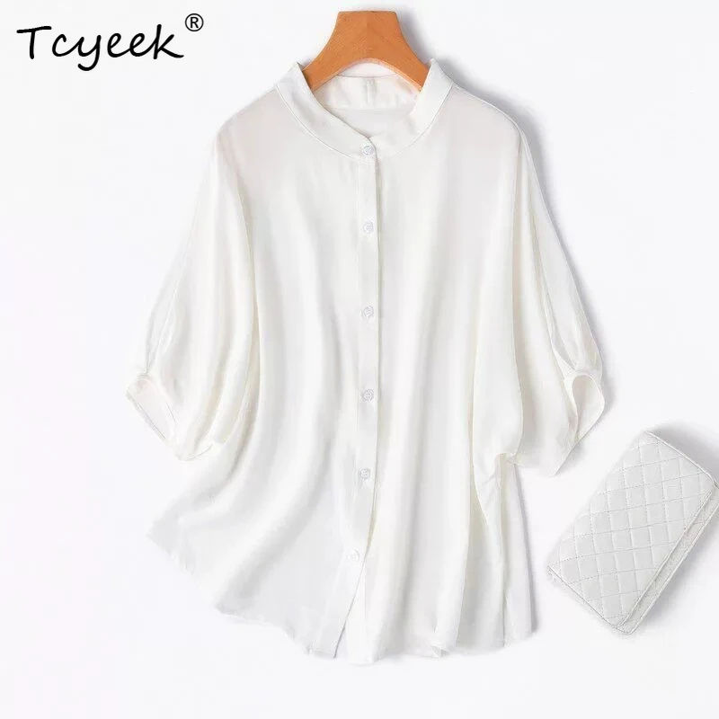 Tcyeek 100% Real Silk Blouse Women 2026 Spring Summer Simple Elegant Breathable Batwing Sleeve Shirt Woman Clothes Chemise Femme