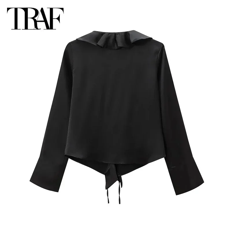 TRAF Women Black Shirts&Blouses Butterfly Lace-Up Shirt 2024 Spring Autumn Long Sleeve Ladies Fashion Casual Elegant Ruffled Top