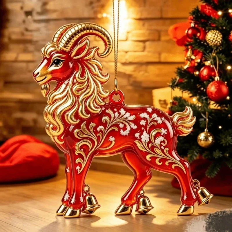 2D Flat Goat Hanging Ornament Acrylic Artificial Rhinestone Animal Hanging Decoration Simulation Keychain Embossed Pattern Charm