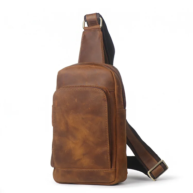 New Vintage Mens Womens Chest Bag Crossbody Crazy Horse Leather Cowhide Shoulder Bag