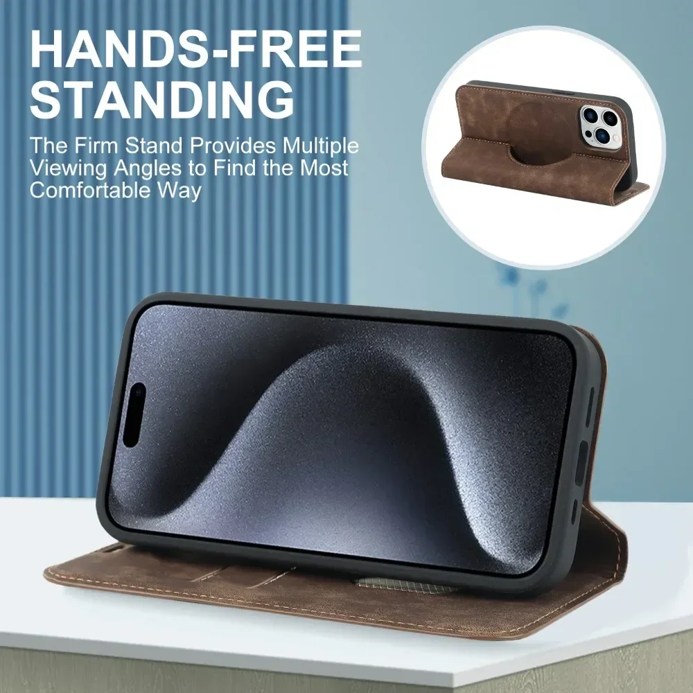 Leather Magnetic Flip Case for iPhone 16 15 14 13 12 Pro Max Plus Mini Cover Vintage Wallet Card Pocket Stand Shell for Magsafe