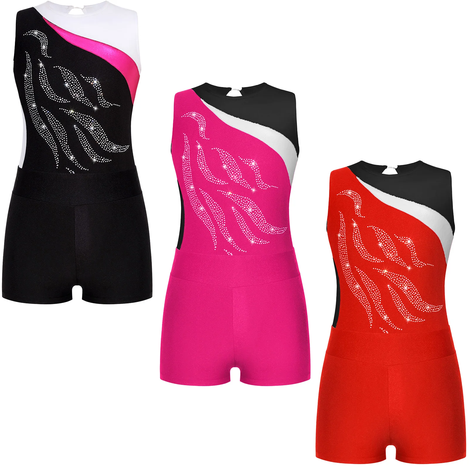 Teens Girls Gymnastics Jumpsuit Kids Sleeveless Shiny Rhinestone Gymnastic Leotard Sets Dancewear Children Ballet Dance Outfits