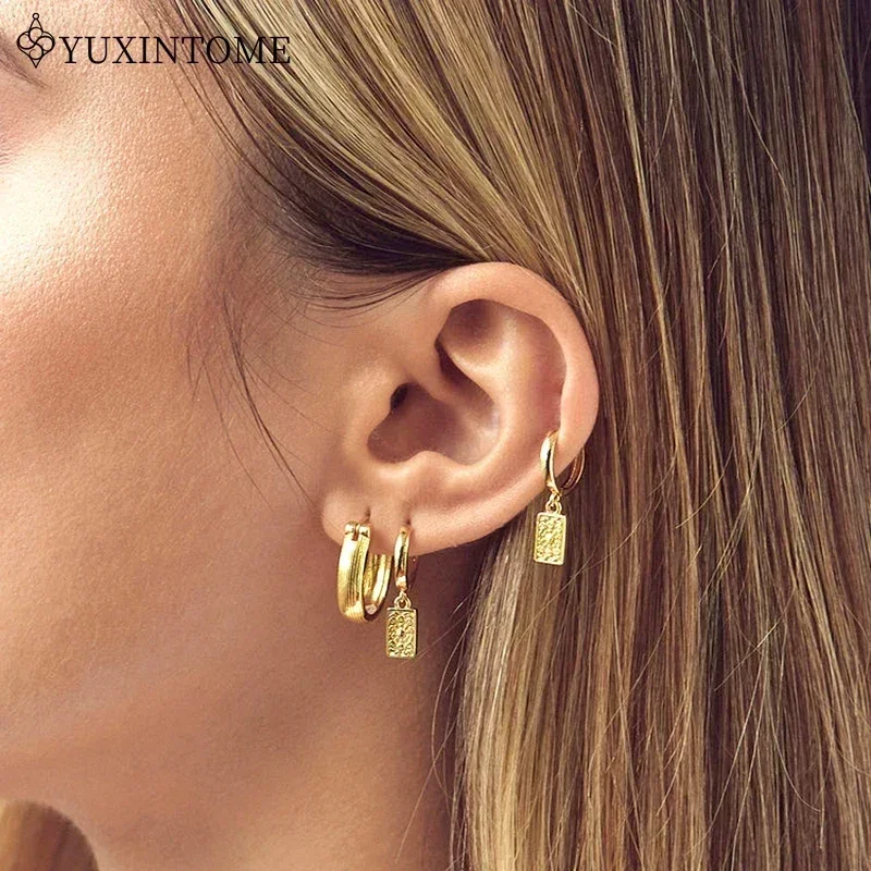 YUXINTOME 925 Silver Ear Needle Zircon Hoop gold Earrings For Women Square Plate Pendant Cutout Heart Earrings Fashion Jewelry