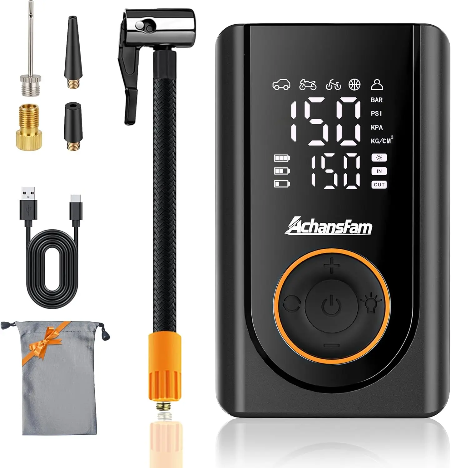 

L9 Pro Portable Air Compressor, 150PSI Electric Bike Pump with Digital Gauge, LED Light, Auto Shut-Off for Motorcycle, Car, Bicy