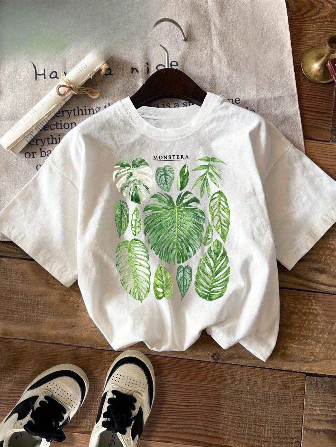 Kurzarm-T-Shirt mit Rundhalsausschnitt, Monstera-Philodendron-Tropenblatt-Print, Damen-Shirt, lässiges Mode-Grafik-T-Shirt, Damen-T-Shirts – Detail 6