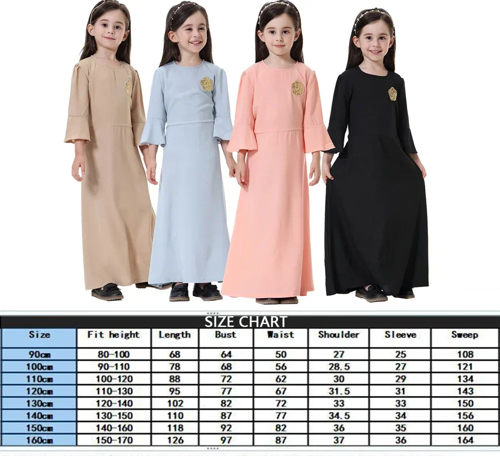 Muslim Kids Girls Prayer Dress Abaya Kaftan Tobey Saudi Jabba Robe Southeast Asian Girl Applique Long Skirt Dress